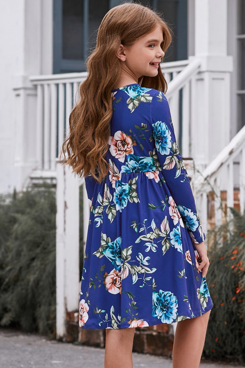 Girls Floral Long Sleeve Dress with Pockets